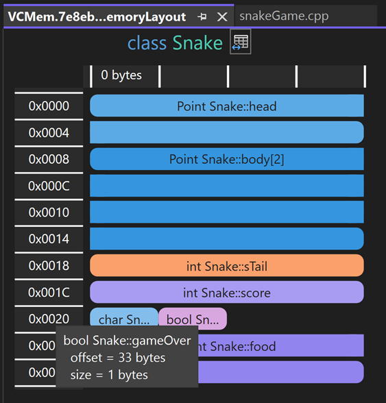 Captura de tela da janela de layout de memória