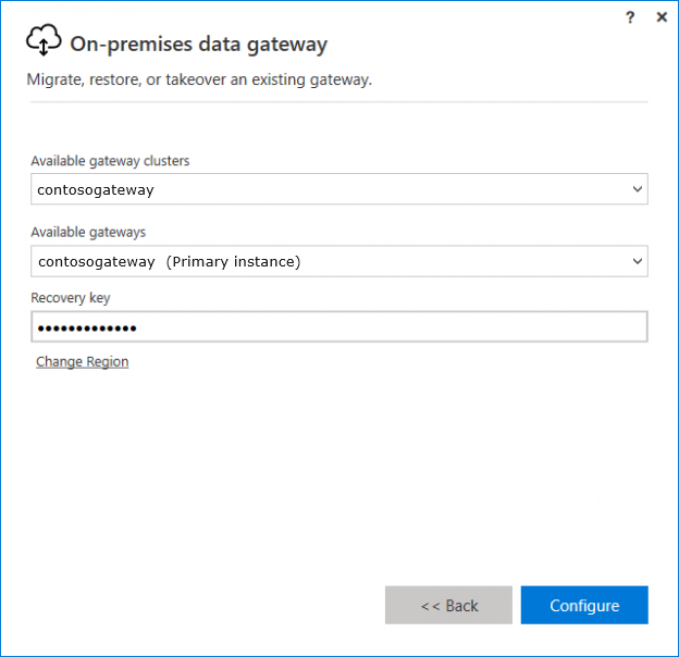 Captura de tela mostrando onde inserir a chave de recuperação para o gateway.