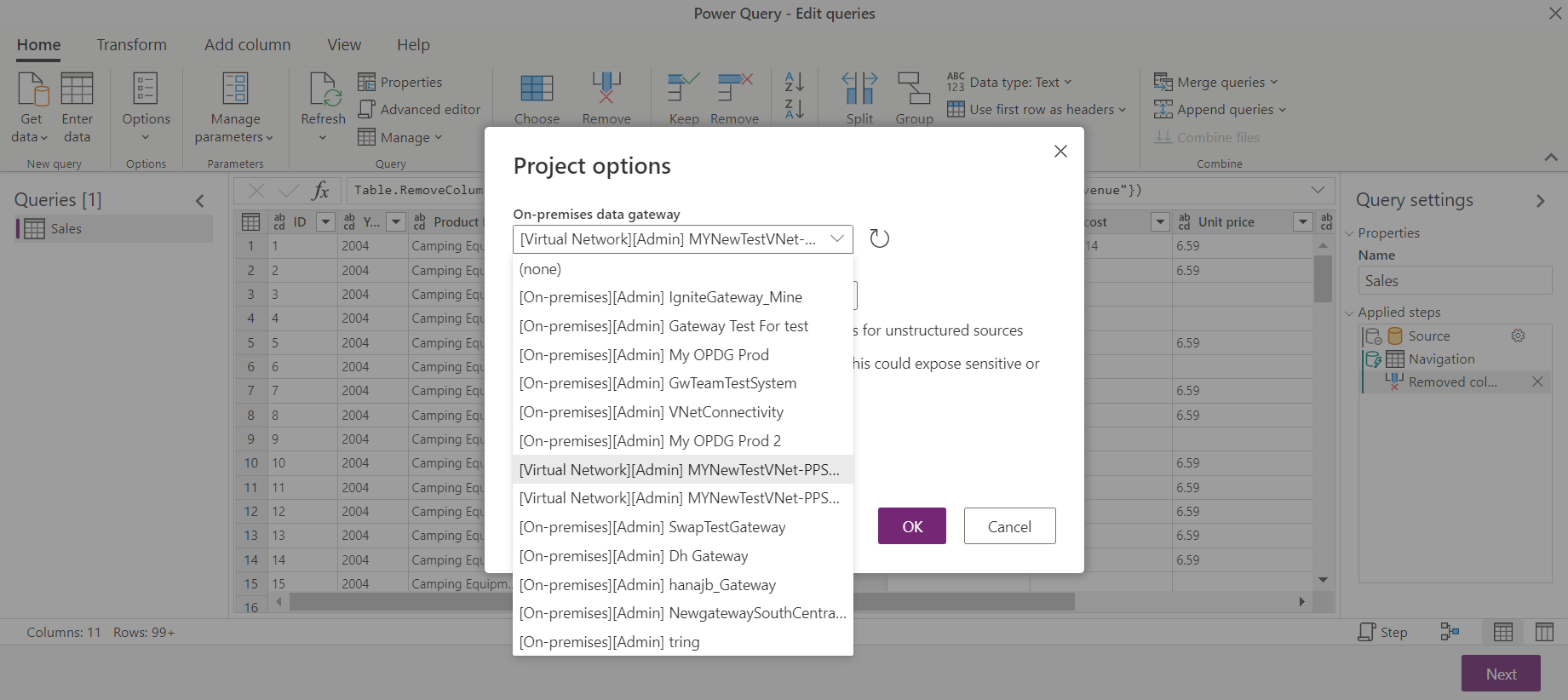 Captura de tela mostrando a caixa de diálogo de opções do projeto do Power Query que contém as opções de gateway de dados de VNet que você pode alterar ao editar o fluxo de dados.