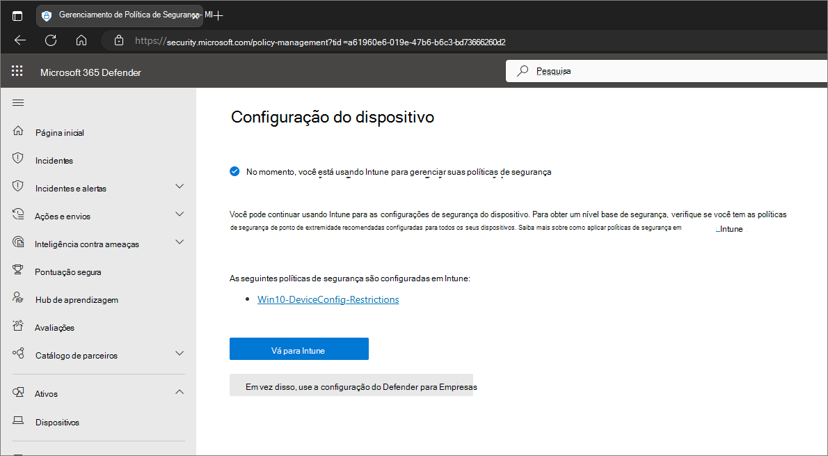 Captura de tela mostrando uma tela que solicita que o usuário continue usando Intune ou alterne para o portal Microsoft Defender.