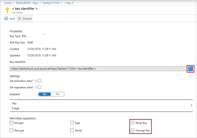 Captura de tela mostrando a página de configurações de chave.