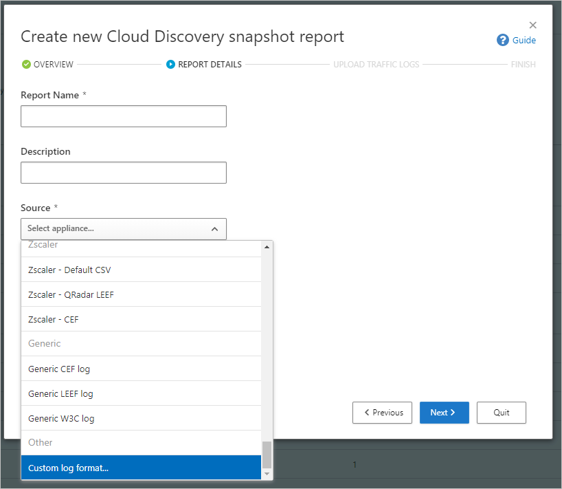 Captura de tela da caixa de diálogo Criar novo relatório de instantâneos do Cloud Discovery.