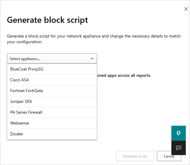 Pop-up de Gerar script de bloqueio.