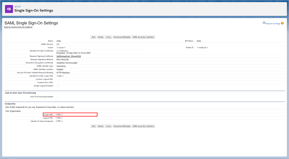 Selecione URL de login do SSO do Salesforce.