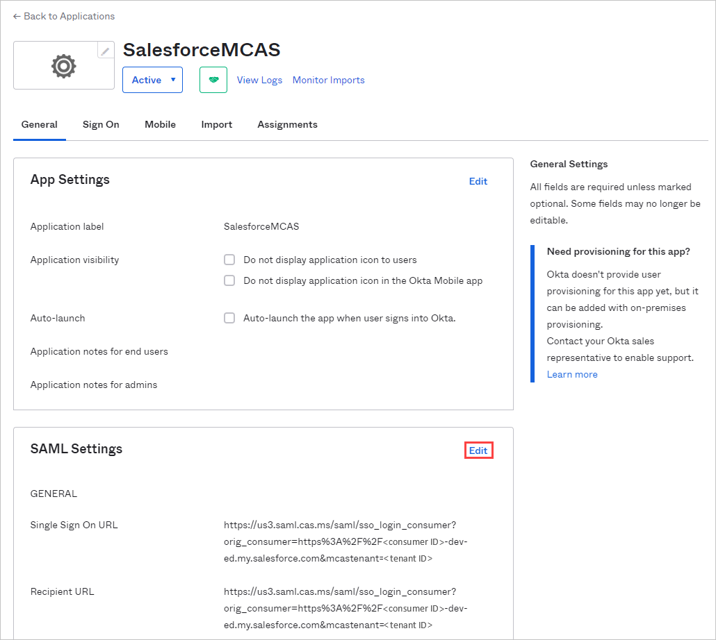 Localize e edite as configurações de SAML.