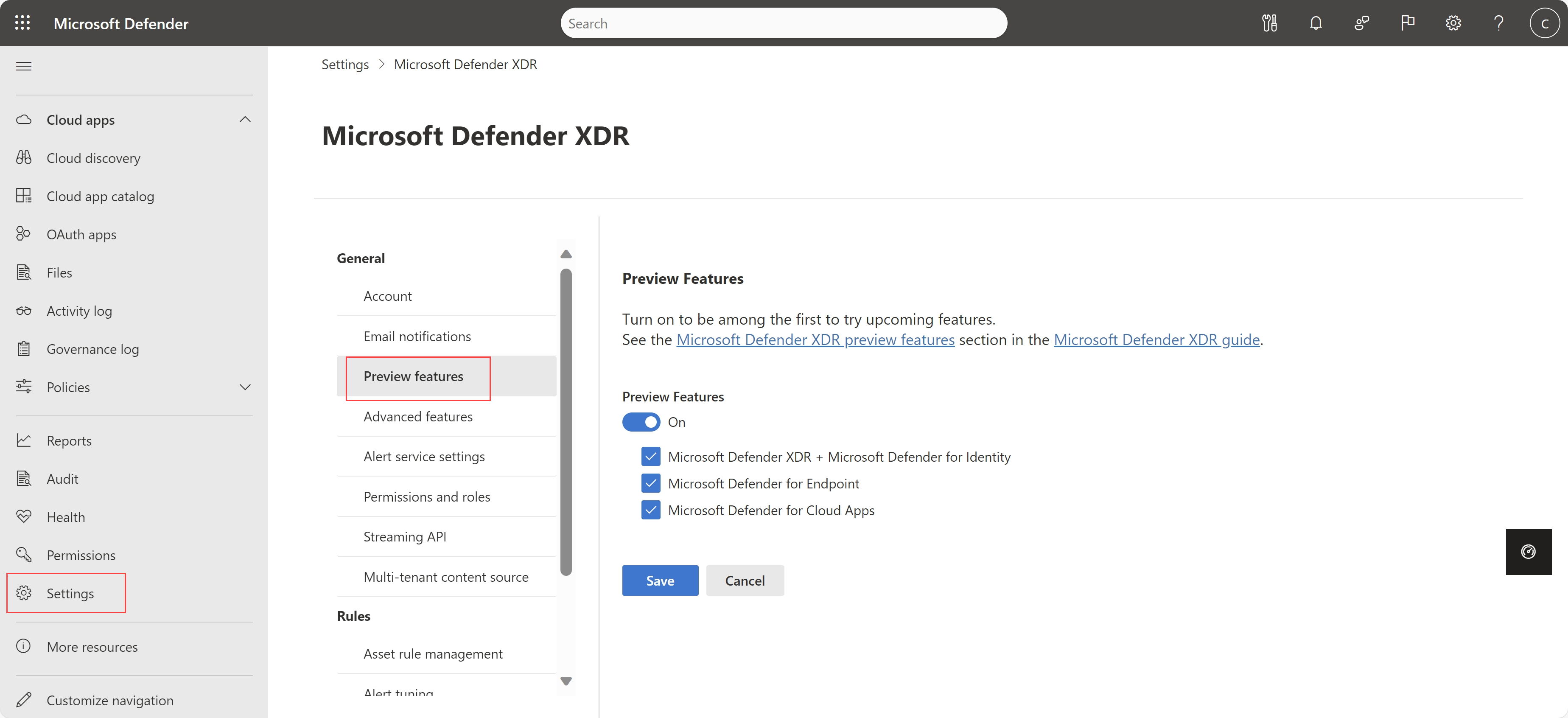 Captura de tela da página de configurações de recursos do Microsoft Defender XDR Preview.