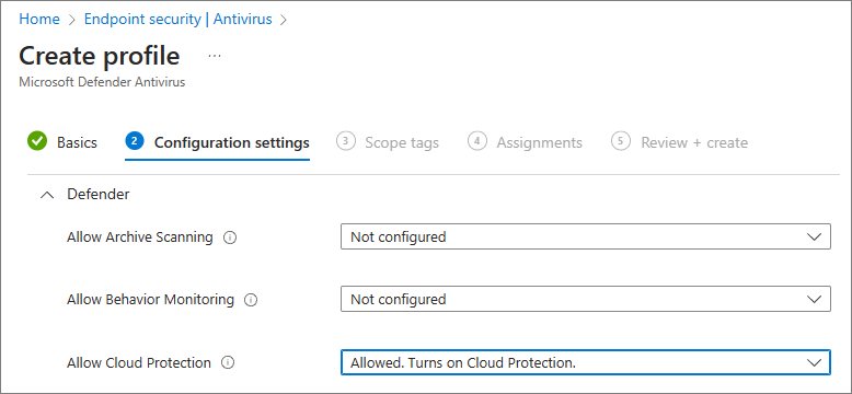 Captura de ecrã a mostrar o conjunto de Proteção da Cloud como permitido no Intune.