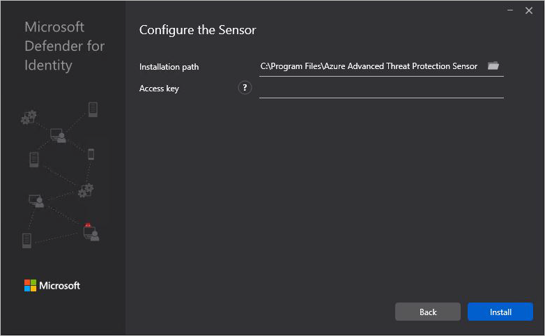 Captura de tela da página do assistente para configuração do sensor do Defender para Identidade.