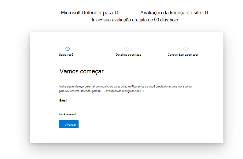 Captura de ecrã para começar e configurar a página da licença de avaliação do Microsoft Defender para IoT.