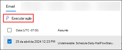 Captura de ecrã a mostrar a Vista de e-mail (separador) da tabela de detalhes com uma mensagem selecionada e Tomar medidas ativas.
