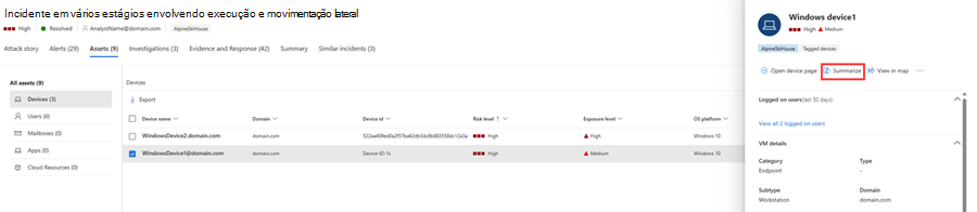 Captura de tela realçando a opção de resumo do dispositivo na guia ativos de uma página de incidentes no Copilot no Defender.