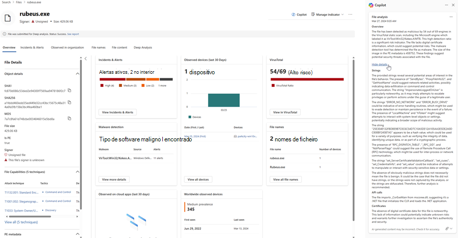 Captura de ecrã dos resultados da análise de ficheiros no Copilot no Defender com a opção Ocultar detalhes realçada.