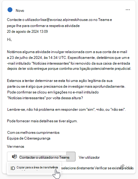 Captura de ecrã que mostra o texto sugerido para comunicação numa resposta guiada card.