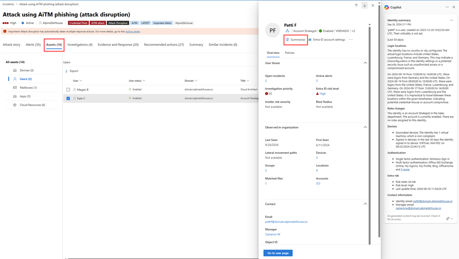 Captura de ecrã a mostrar o separador Recursos e uma conta de utilizador realçadas.