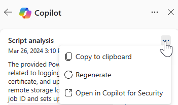 Captura de ecrã que mostra a opção Mais ações no cartão de análise de scripts Copilot.