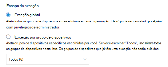 A mostrar a opção de exceção global.