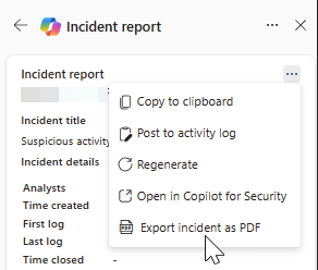 Captura de tela de ações adicionais no cartão de resultados do relatório de incidentes.