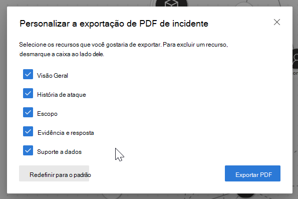 Captura de ecrã a realçar a opção exportar incidente para PDF.