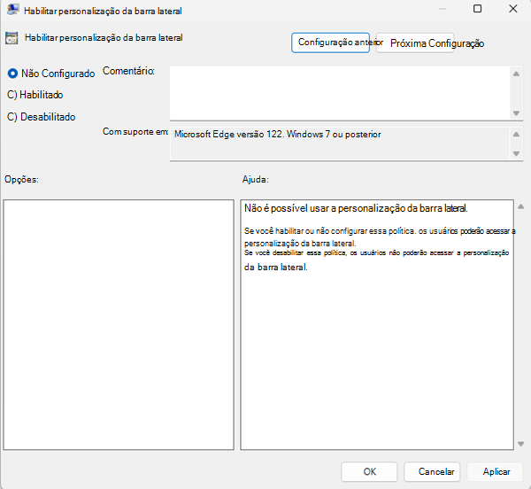 Utilize o editor de políticas para gerir o acesso à personalização da barra lateral.