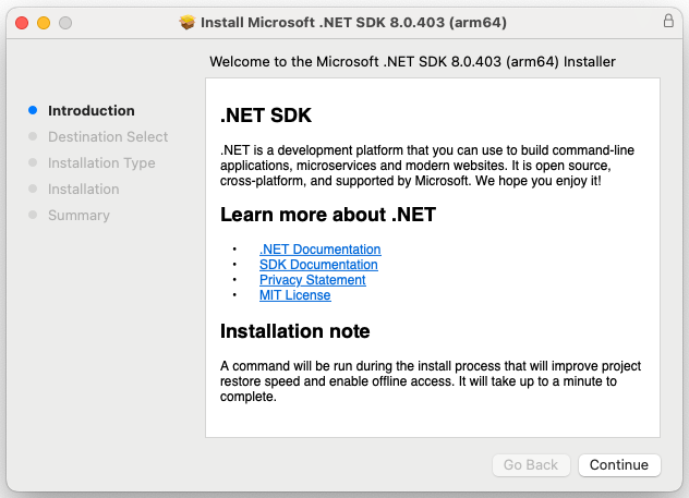 Uma captura de tela mostrando apenas o instalador do .NET em execução no macOS.