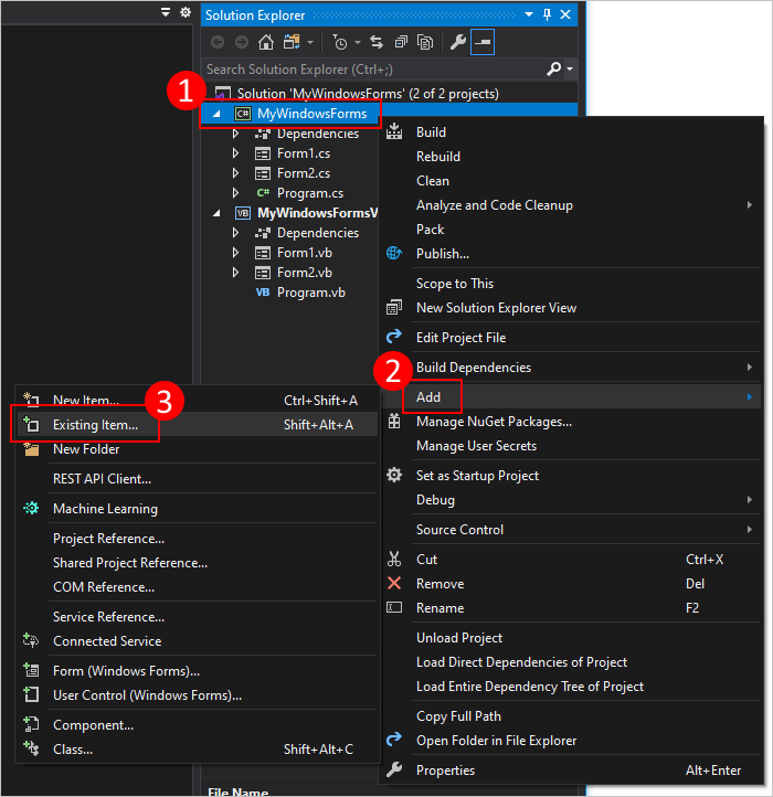 Clique com o botão direito do mouse no gerenciador de soluções para adicionar o formulário existente ao projeto do Windows Forms