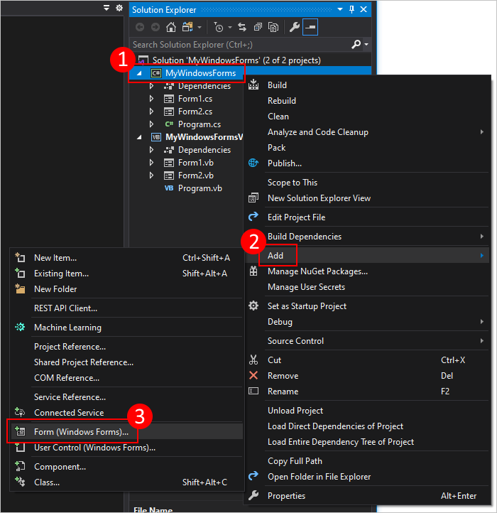 Clique com o botão direito do mouse no gerenciador de soluções para adicionar um novo formulário ao projeto de formulários do Windows