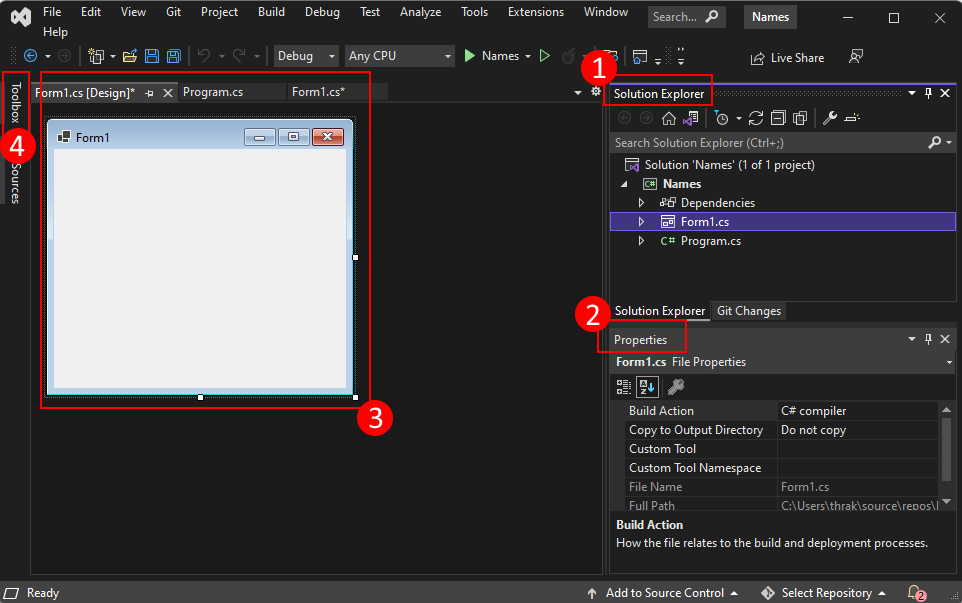 Os componentes importantes do Visual Studio 2022 que você deve conhecer ao criar um projeto do Windows Forms para .NET.