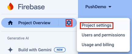 Captura de tela da seleção das configurações do projeto no console do Firebase Cloud Messaging.