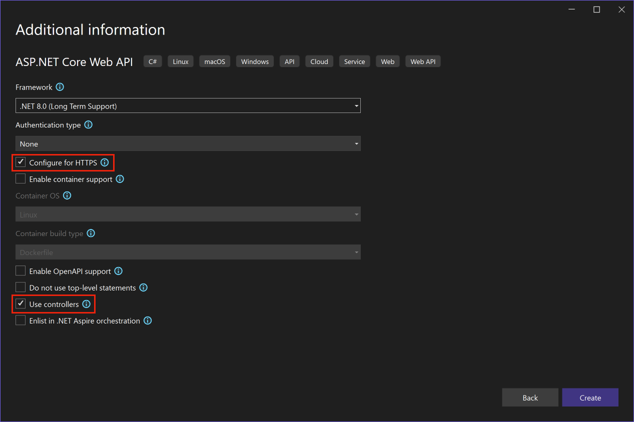 Captura de tela da configuração de um novo projeto de API Web do ASP.NET Core no Visual Studio.