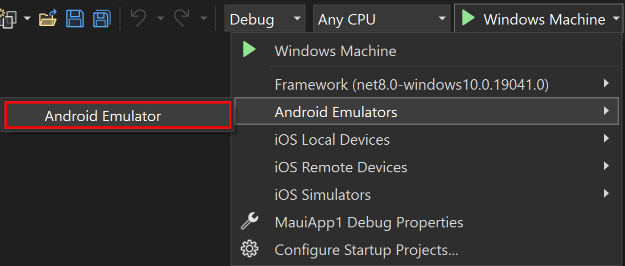 Selecione o destino de depuração do Android Emulator para .NET MAUI.