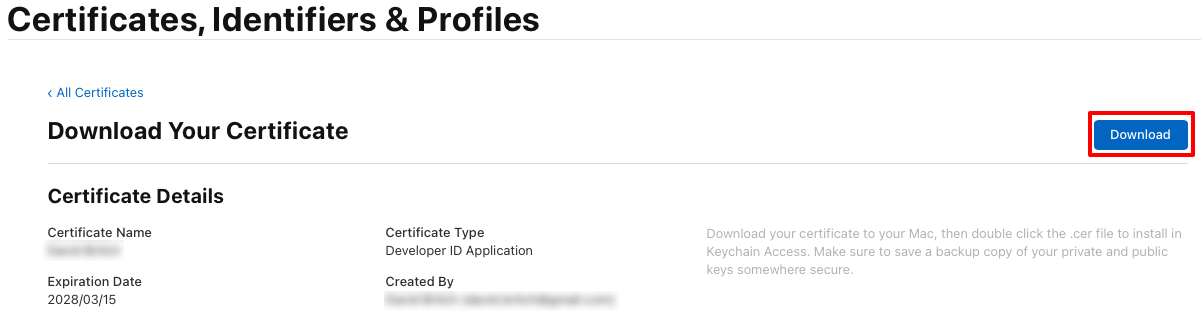 Baixe seu certificado de aplicativo de ID de desenvolvedor.