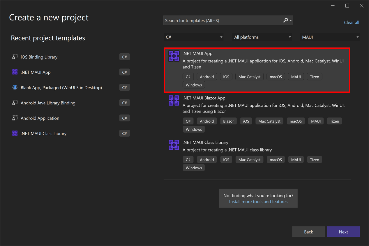 Captura de tela da criação de um aplicativo do .NET MAUI no Visual Studio.