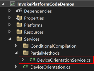 Classe DeviceOrientationService na captura de tela da pasta Serviços.