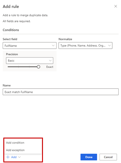 Captura de tela do painel Adicionar regra para remover duplicidades.