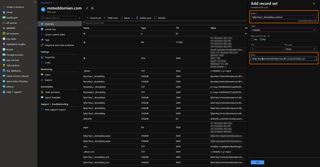 Adicione o alias CNAME e o endereço no Microsoft Azure.