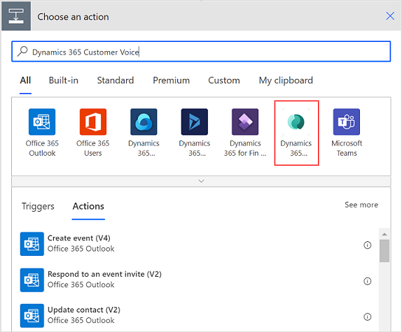 Selecione o conector do Dynamics 365 Customer Voice.