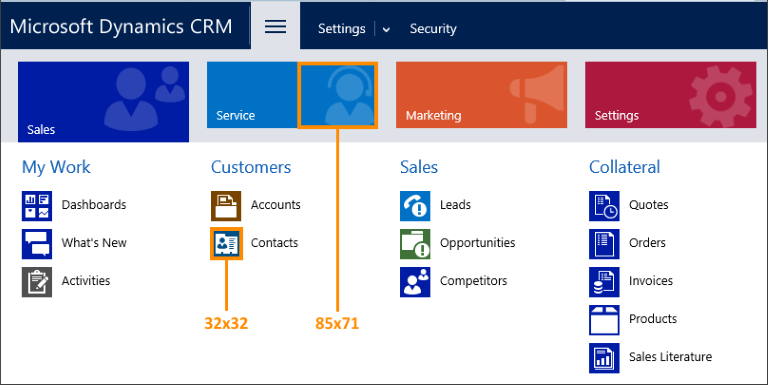 Pixel sizes of the icons in Dynamics 365 Customer Engagement.