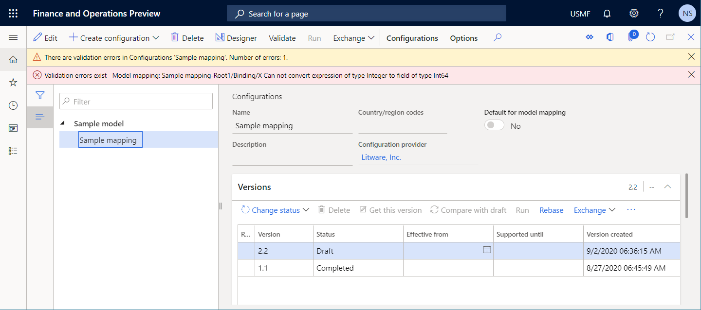 Inspeção do componente de mapeamento de modelos na página Configurações.