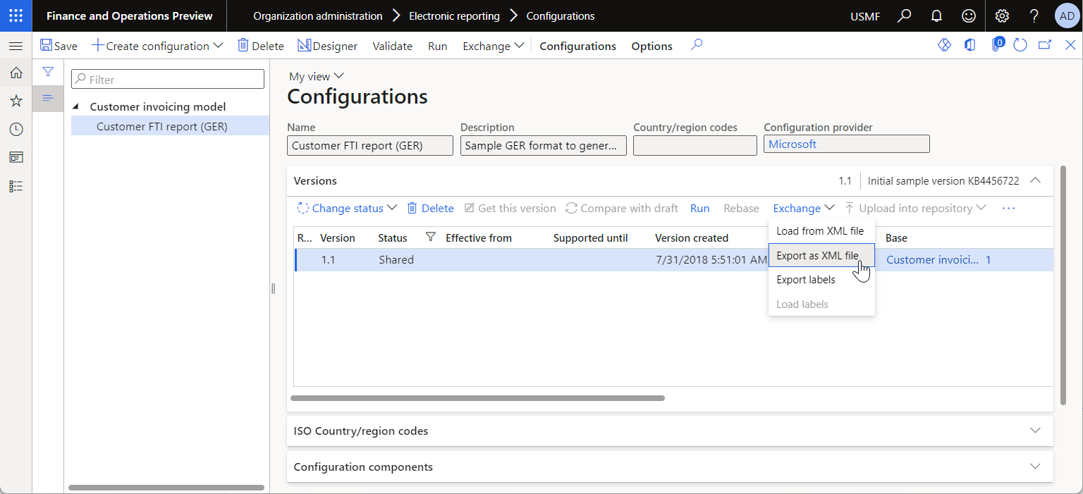 Exportação de uma versão da configuração de formato de ER como XML na página 