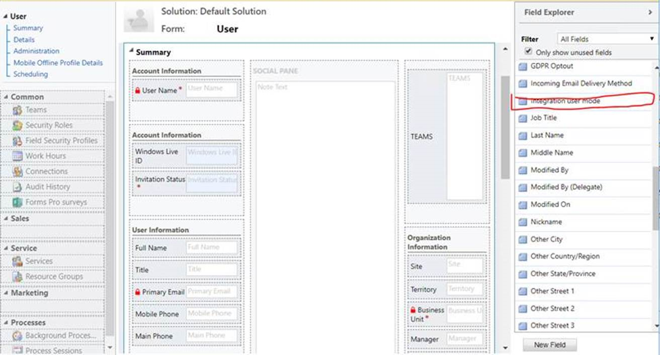 Adicionar a coluna Modo de usuário de integração ao formulário.