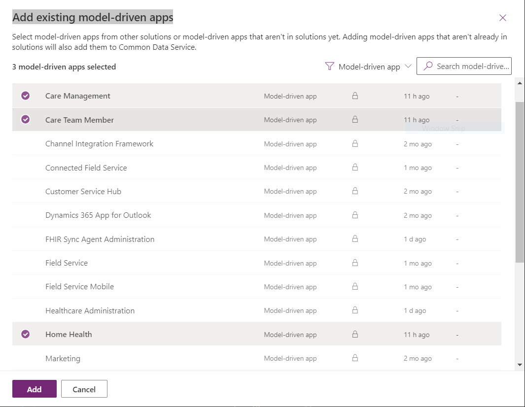 Add existing model-driven apps.