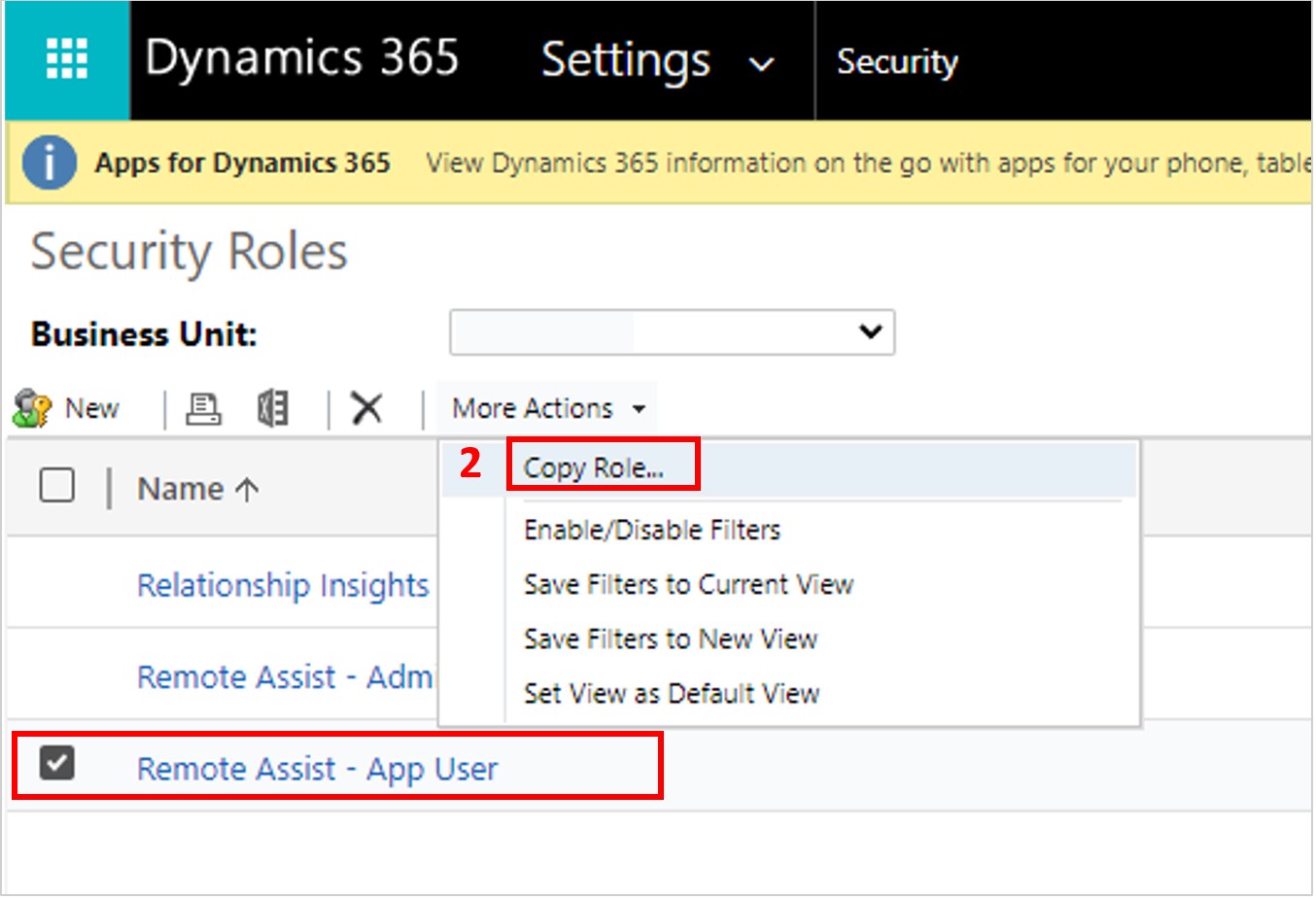 Captura de tela da função Remote Assist - Usuário do Aplicativo e do comando Copiar Função realçados.