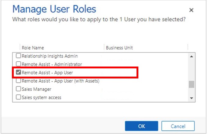 Captura de tela da caixa de diálogo Gerenciar Funções de Usuário com Remote Assist - Usuário do Aplicativo realçado.
