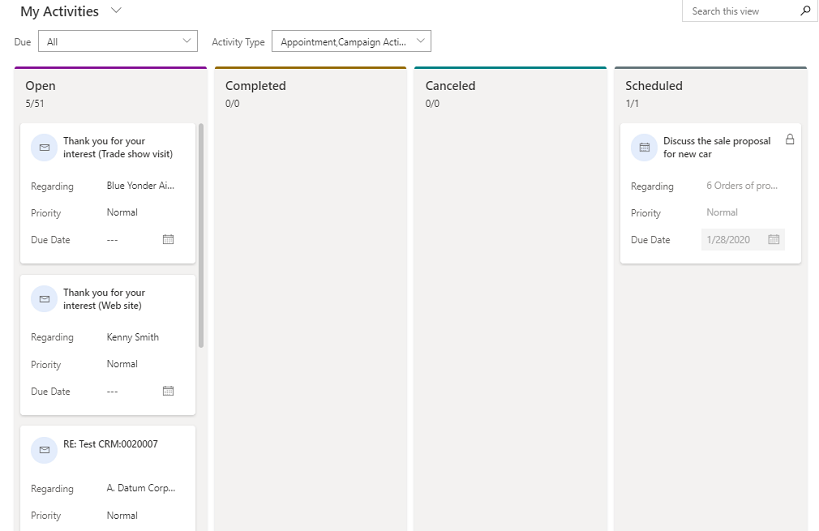 Atividades na exibição de Kanban.