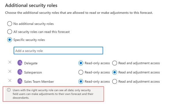 Uma captura de tela da etapa Permissões da página Configuração de previsão, com direitos de acesso adicionais definidos.