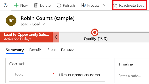 Mostra a reativação de um cliente potencial no Dynamics 365 Sales.
