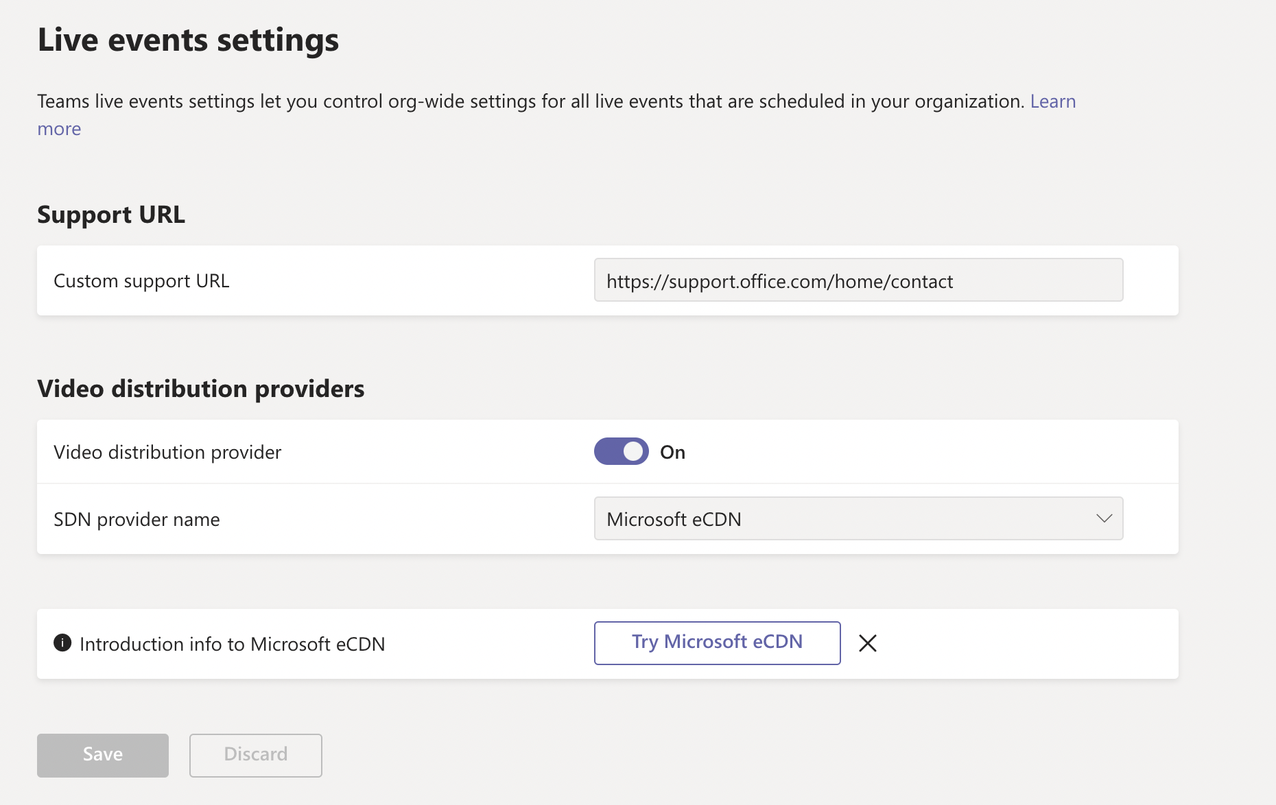 Imagem da configuração da Microsoft eCDN no Centro de Administração do Teams.