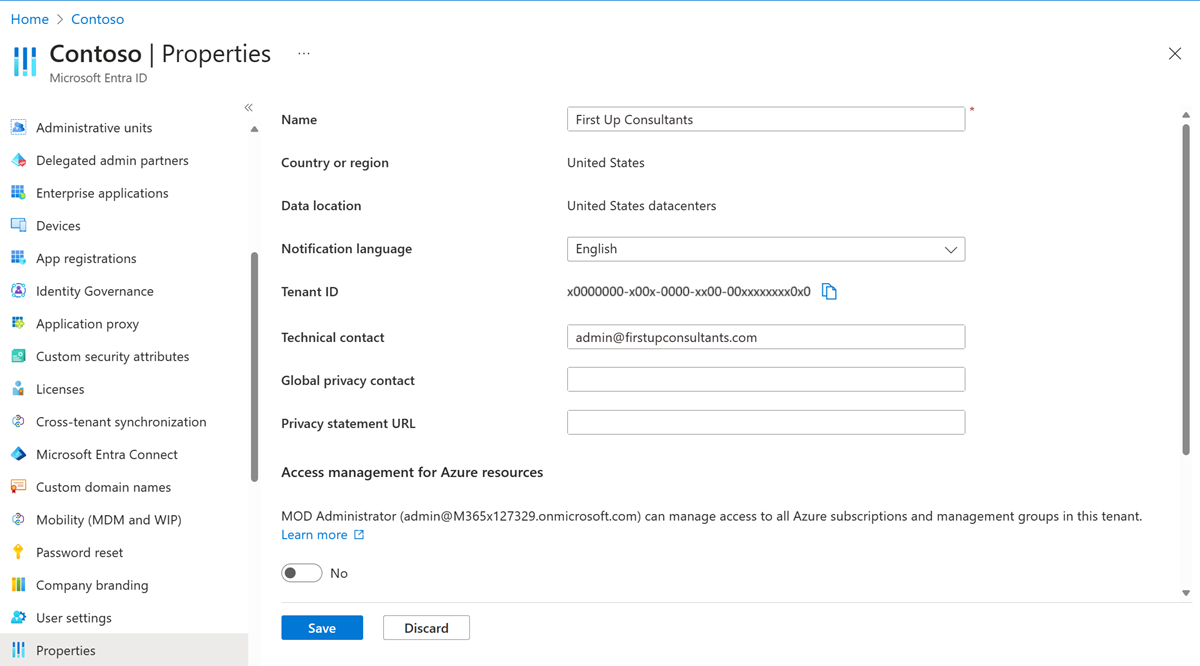 Microsoft Entra ID – Propriedades – ID de Locatário – campo de ID de Locatário