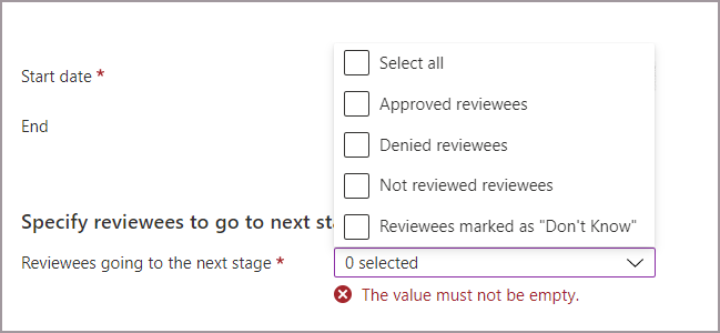 Captura de tela que mostra a configuração Especificar revisões e as opções de revisão de várias etapas.