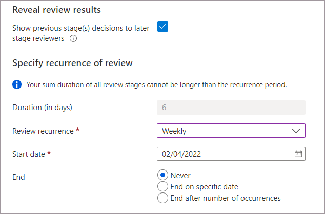 Captura de tela que mostra a duração e a configuração de etapas anteriores habilitada para revisão de várias etapas.